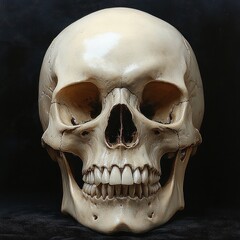 Obraz premium close-up of a realistic human skull with detailed bone texture and teeth isolated on a dark background symbolizing mortality and anatomy