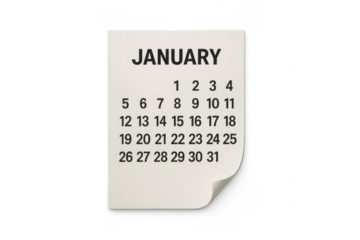 January calendar page showing dates on transparent background