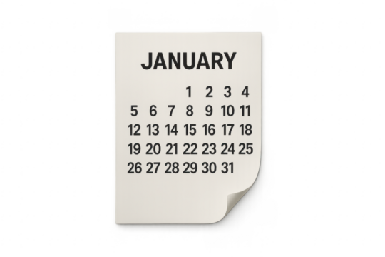 January calendar page showing dates on transparent background