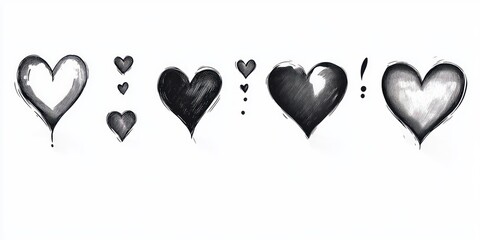 Series of stylized black and white heart shapes with dots and an exclamation mark arranged horizontally on a white background
