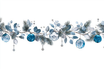 Cool icy garland featuring blue ornaments, frosted pine leaves, and crystal embellishments, transparent PNG background ideal for elegant winter decorations and modern festive graphic designs clearly