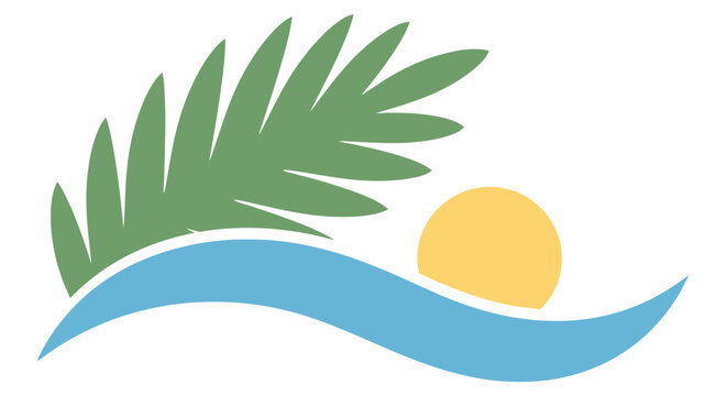 Tropical paradise symbol featuring a palm frond, stylized ocean wave and a gentle sun perfect for