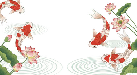 Elegant koi fish swimming gracefully around vibrant lotus flowers in a serene pond scene