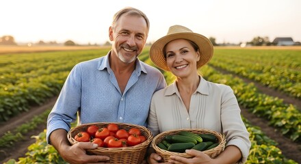 Happy mature couple of farmers holding baskets with fresh organic vegetables in a sunny field.