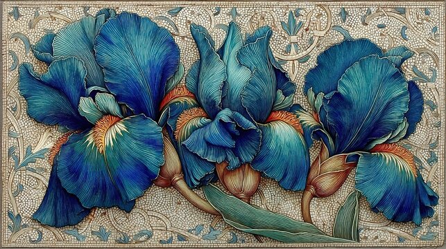 Mosaic Art of Blue Iris Flowers with Intricate Background