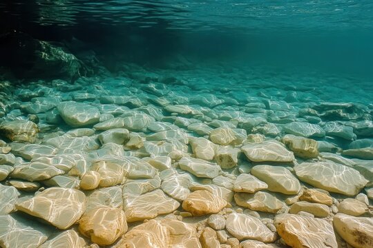 Clear underwater view of smooth light-colored stones with sunlight reflections on a calm waterbed