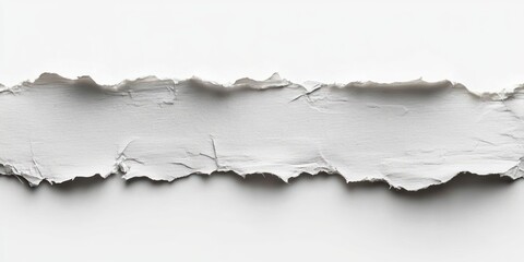 Fototapeta premium Close-up of a horizontal torn piece of white paper with rough and uneven edges on a white background showing detailed texture and slight shadows