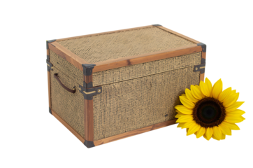 Decorative wicker trunk with a bright yellow sunflower on black background