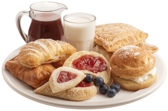 Delicious breakfast pastries with fresh fruit and milk on a plate