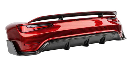 Red car bumper with spoiler and diffuser for improved aerodynamics.