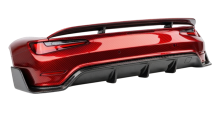 Red car bumper with spoiler and diffuser for improved aerodynamics.
