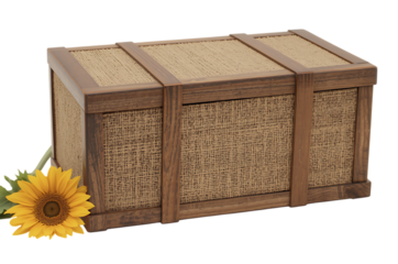 Rustic wooden chest with woven panels and a sunflower