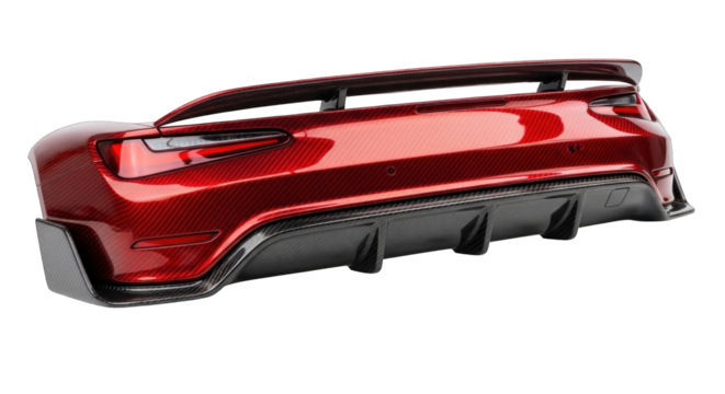Red car bumper with spoiler and diffuser for improved aerodynamics.