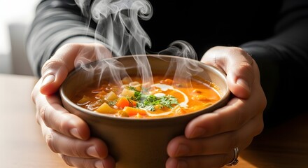 Close-up shot of a person holding a warm bowl of steaming soup with vegetables.