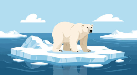 Illustration of a polar bear on a melting ice floe highlighting climate change issues on earth