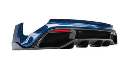 Sleek blue car rear bumper with integrated diffuser design.