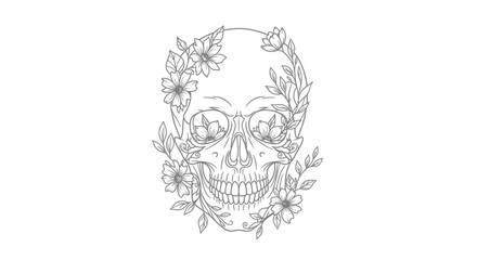 Floral skull illustration combining mortality and natural beauty in a delicate monochrome line art