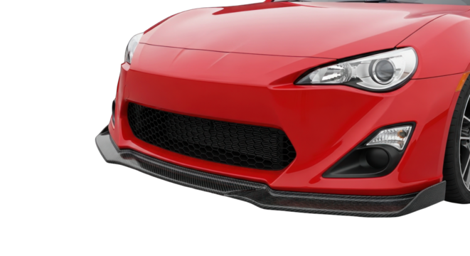 Close-up of a vibrant red sports cars front bumper and grille showcasing its sleek design and aerodynamic features.