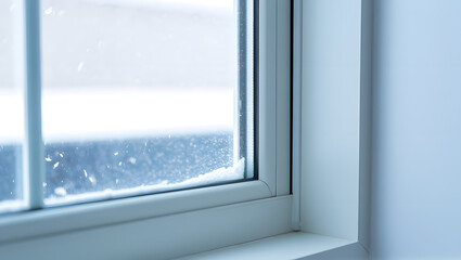 White modern window frame from inside, looking out at falling snow and winter scenery