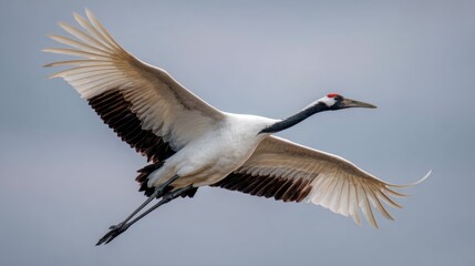 Obraz premium Majestic Crane in Flight with Outstretched Wings Against Sky