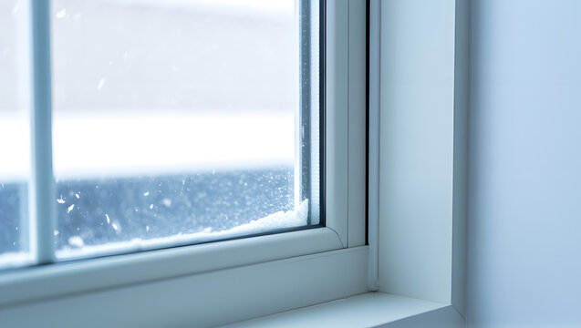 White modern window frame from inside, looking out at falling snow and winter scenery