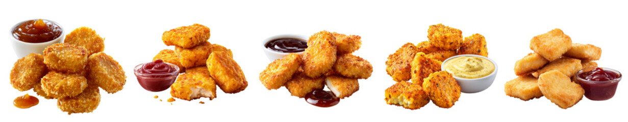 Assorted chicken nuggets with various dipping sauces arranged in groups on transparent background for fast food and snack concept
