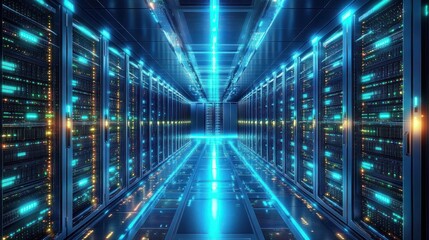 Futuristic data center with rows of illuminated server racks and glowing blue lights creating a high-tech and advanced atmosphere