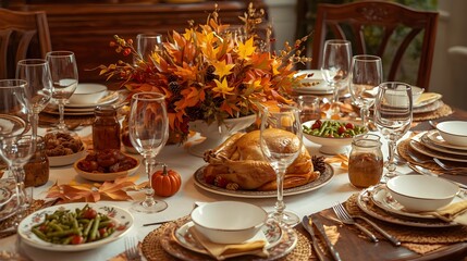 Rustic Wooden Dining Table Set for Thanksgiving with Roasted Turkey and Warm Autumn Lighting,