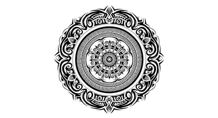 Monochrome circular abstract design with detailed tribal ornamentation and geometric patterns