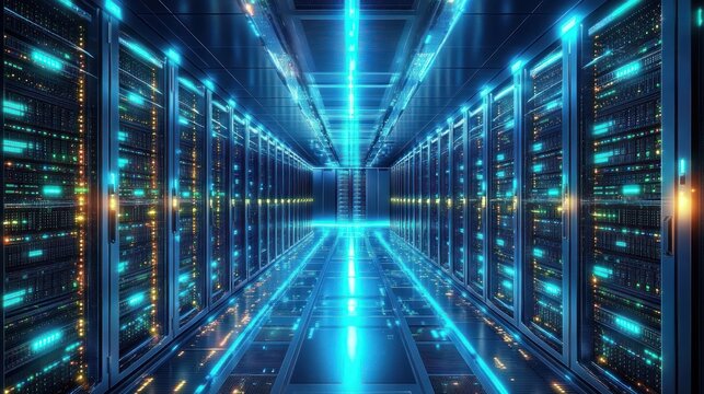 Futuristic data center with rows of illuminated server racks and glowing blue lights creating a high-tech and advanced atmosphere