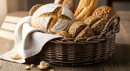 A rustic wicker basket overflowing with an assortment of freshly baked artisan bread, including sourdough, baguettes, and whole grain rolls, on a wooden table.