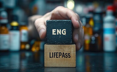Close-up of a hand stacking a black cube labeled ENG on top of a wooden cube labeled LIFEPASS with blurred bottles in the background