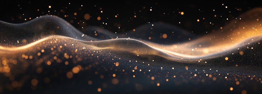 Golden glowing particles floating above a dark soft wavy surface creating an abstract and ethereal light wave effect - Powered by Adobe