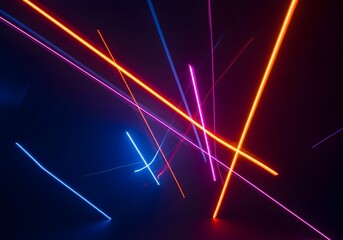 Abstract Neon Laser Beam Lines on Dark Background. The lines appear to be in motion, creating a dynamic and visually stimulating scene. The color palette includes vibrant neon hues