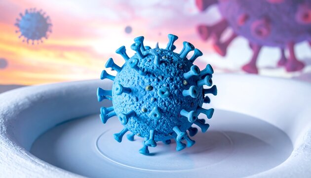 Artistic rendering of a blue, spiky microorganism on a white platform