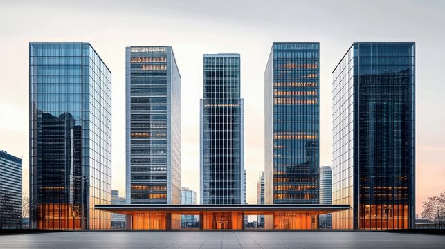 Modern symmetrical cityscape featuring five tall glass skyscrapers reflecting the sunset light with a low horizontal structure in the foreground