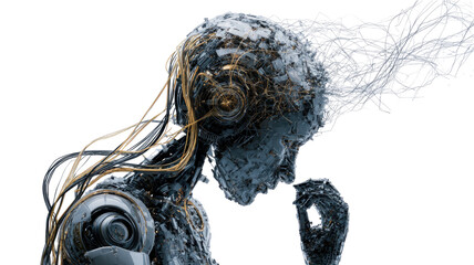A futuristic thinking robot with digital data streams flowing from its neural circuits artificial intelligence concept isolated on white background