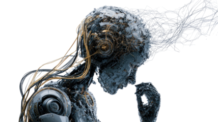 A futuristic thinking robot with digital data streams flowing from its neural circuits artificial intelligence concept isolated on white background