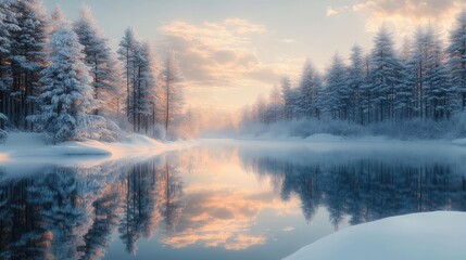 Fototapeta premium Peaceful winter landscape with snow-covered pine trees reflected in calm water under a soft glowing sunset sky