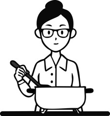 Woman wearing glasses cooking with a ladle in a pot, illustration on a white background