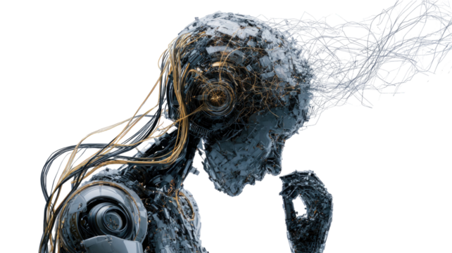 A futuristic thinking robot with digital data streams flowing from its neural circuits artificial intelligence concept isolated on white background