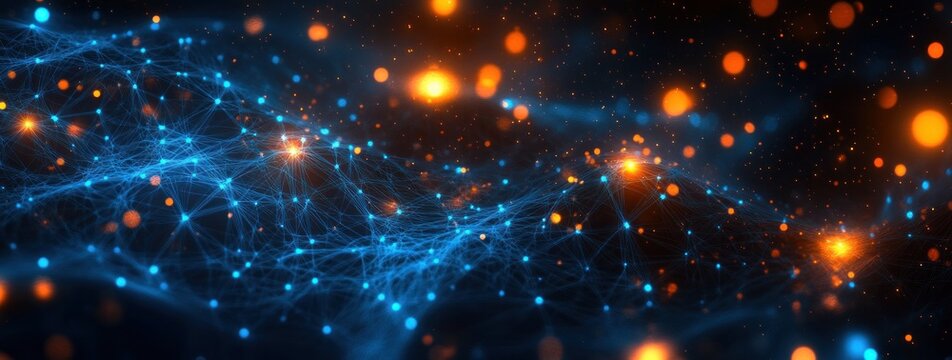 Abstract digital network with interconnected blue nodes and glowing orange particles creating a futuristic and dynamic data visualization
