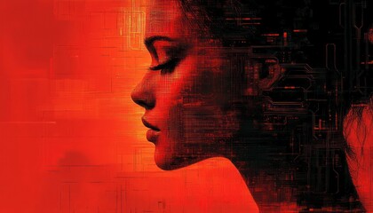 profile of a female face blending into digital circuit patterns with intense red and black colors conveying a fusion of human and technology
