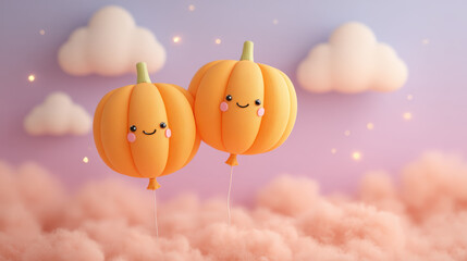 Cute pumpkin balloons with smiling faces float among fluffy pink clouds against pastel sky, creating whimsical and joyful atmosphere