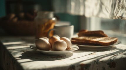 Obraz premium Morning Light on Breakfast Table with Eggs and Toast