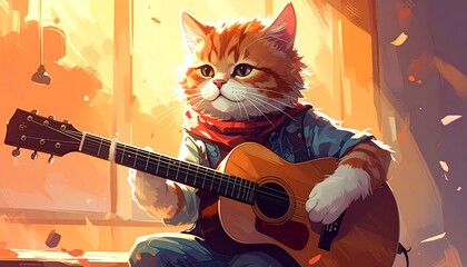 Animated cat playing acoustic guitar in a sunlit room