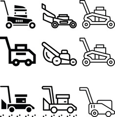 simple black silhouette illustration of a gasoline powered lawn mower icon set