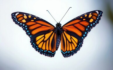 Naklejka premium Close-up of a vibrant orange and black butterfly with blue and white spots on wings displayed against a light blurred background