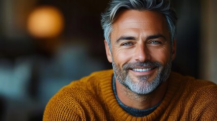 Fototapeta premium smiling middle-aged man with gray hair and beard wearing a mustard yellow sweater in a cozy indoor setting