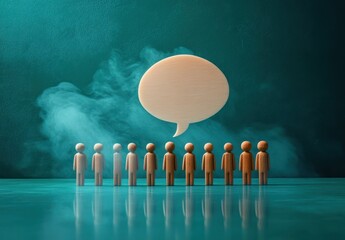 Fototapeta premium Line of wooden human figures with a large wooden speech bubble above them against a teal background with mist, symbolizing group communication or conversation